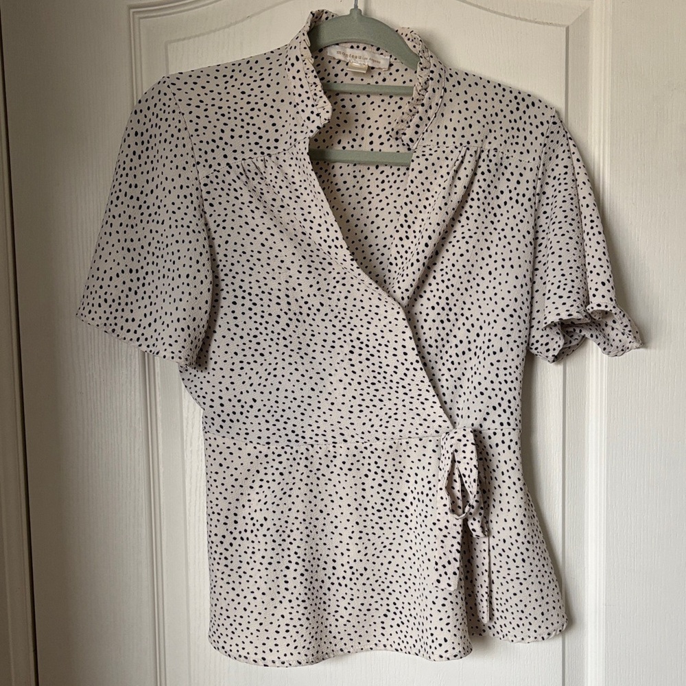 Cream Short-Sleeve Wrap Blouse with Black Dot Print